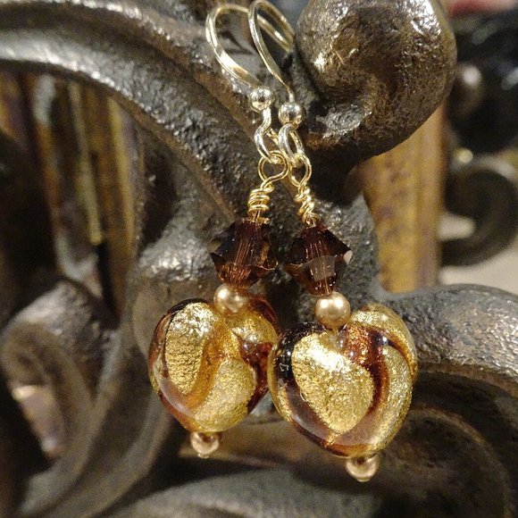 Handmade Murano earrings in topaz sweetheart design with embedded gold leaf - Picture 1 of 7